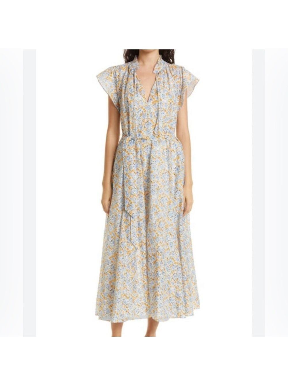 Samsoe reformation Floral Blue and Yellow organic cotton belted maxi Dress Med
